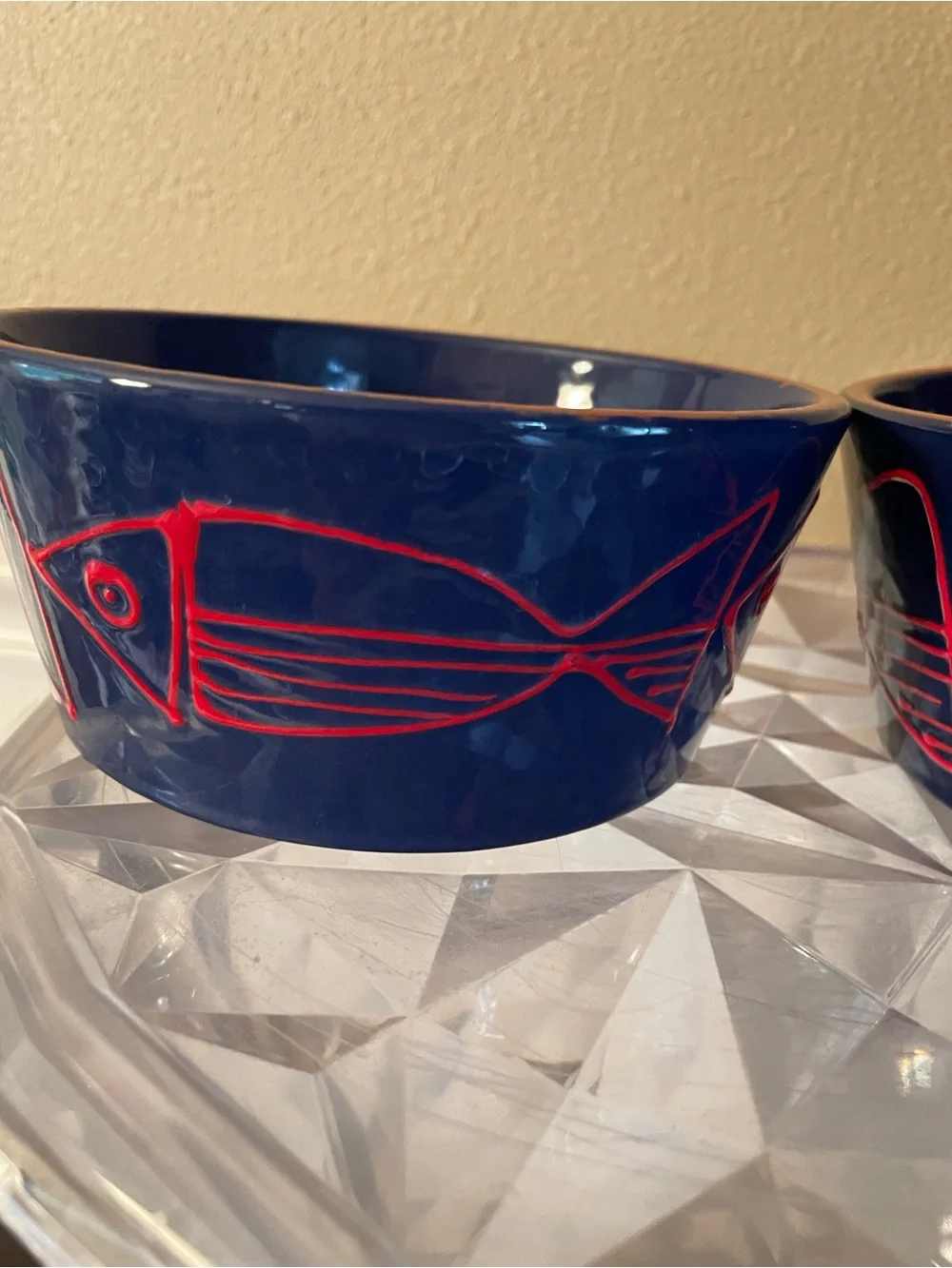 Crate & Barrel Shore Dark Navy Red Fish Bowls lot of 2